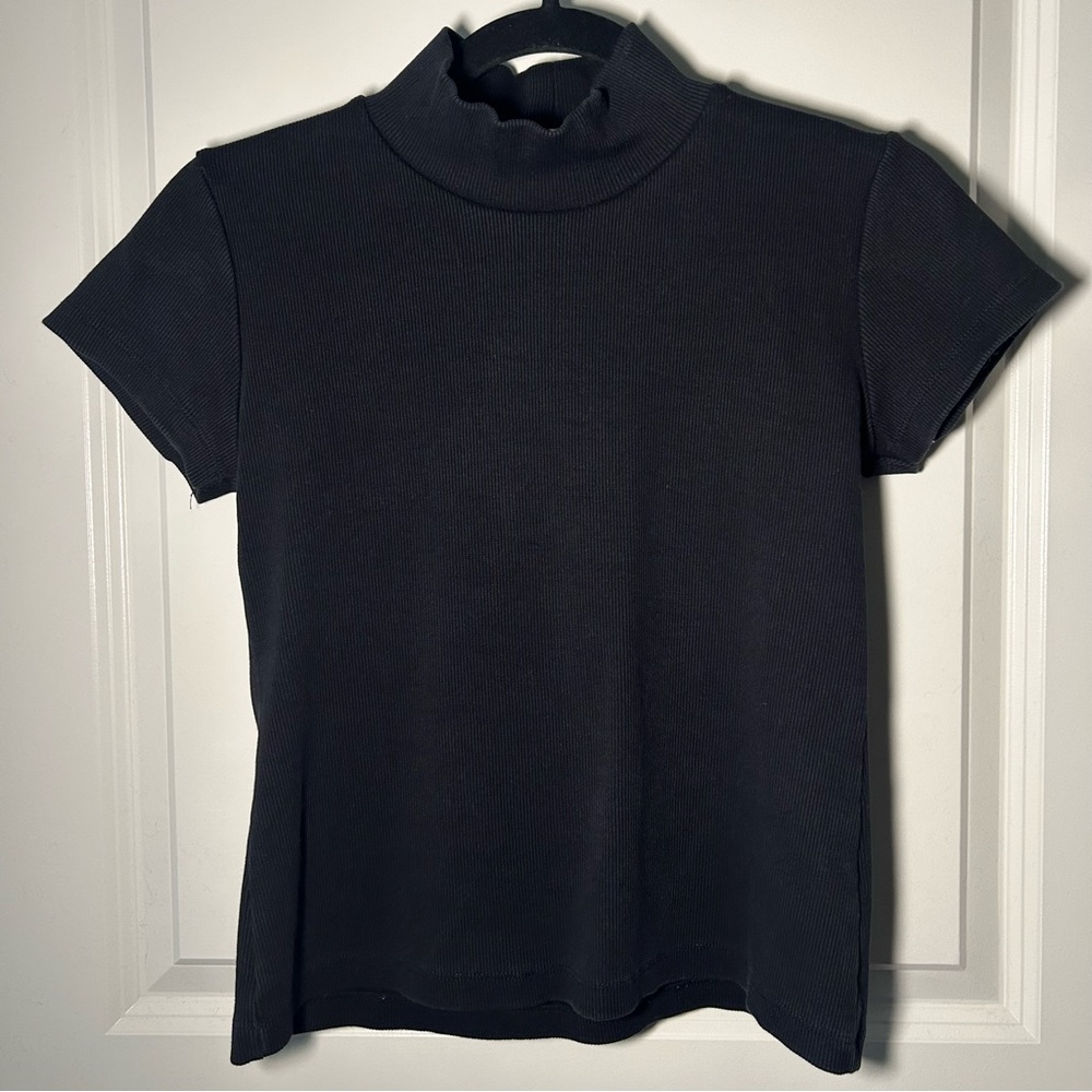 Olive & Fig Thick Ribbed Mockneck Tee Shirt in Black Size M